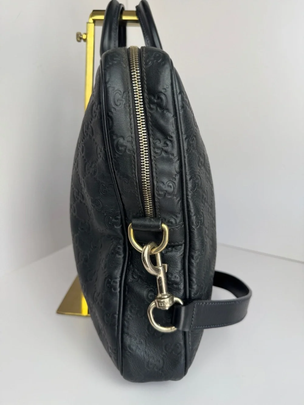 Gucci Black Embossed GG Leather Briefcase with Shoulder Strap